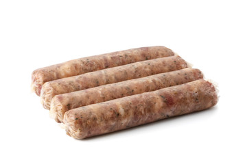 Raw sausages for grilling isolated on white background. Sausages with pork and beef.