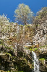 Fototapeta na wymiar Small abounding in water mountain waterfall in early springtime