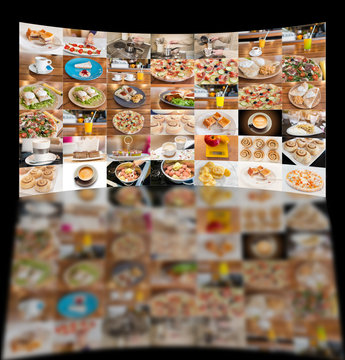 Video wall concept showing food and drink photos on TV screens.