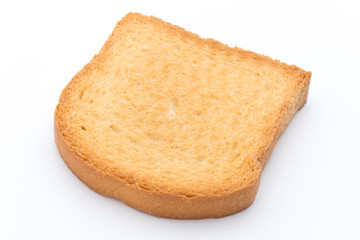 Slices of toast bread on wooden table, top view.