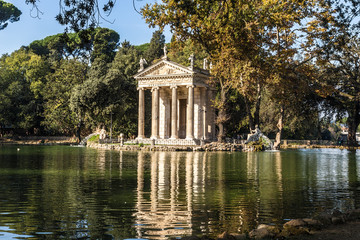 Fototapeta na wymiar Rome, Italy. Temple of Aesculapius on the Lake of Villa Borghese (Tempio di Esculapio), 1786
