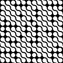 Abstract background of white connected dots in diagonal arrangement on black background. Molecule theme wallpaper. Seamless pattern vector illustration.