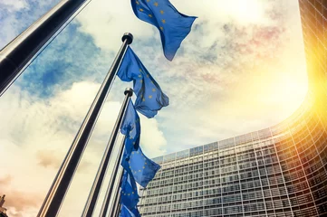 Deurstickers Waving EU flags in front of European Commission in Brussels © Grecaud Paul