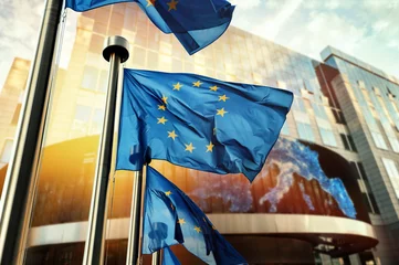 Gordijnen EU-vlaggen zwaaien voor het gebouw van het Europees Parlement. Brussel, België © Grecaud Paul