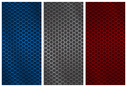 Metal perforated backgrounds. Blue, silver and red flyer templates