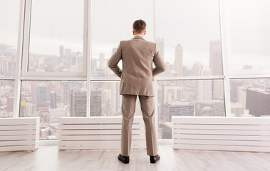 Rear view of serious businessman standing in the office