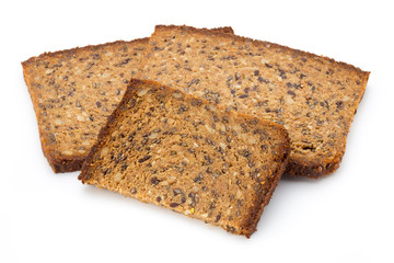 Slices of rye bread isolated on white background.