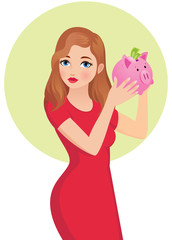 Young woman holding and shaking a piggy bank for the money