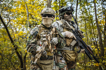 Two United states Marine Corps special operations command Marine Special Operators also known as Marsoc raiders in camouflage uniforms in the forest