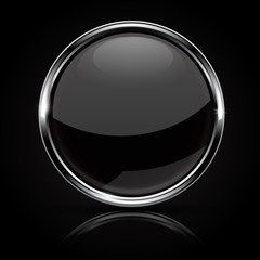 Black glass button with chrome frame on black background