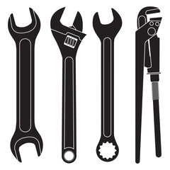 Set of wrenches. Collection of black icons