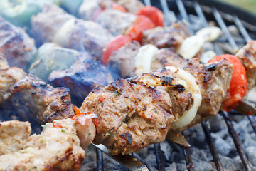 Ready meat barbecue on the skewer on the coals. Color snapshot of meat barbecue with smoke. Russian festive dish