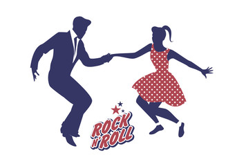 Young couple wearing 50's clothes dancing rock and roll. Vector Illustration