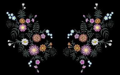 Seamless pattern of flovers on a black background. Imitation embroidery.