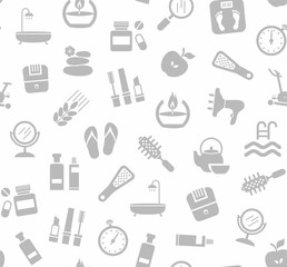 Beauty and health, background, seamless, white, vector. Care for body and face. Gray icons on white background. Flat, vector clip art. Seamless vector background. 