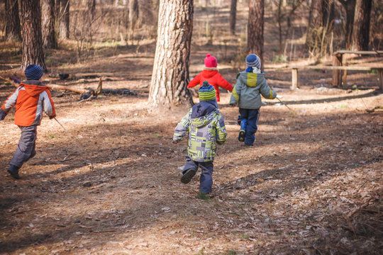 Group of three little kids running in the forest. Early spring pine forest hike in waldorf kindergarten.