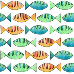 Hand drawn abstract watercolor and ink fish pattern on the white background