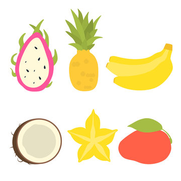 Set of tropical fruits icons isolated on white background. Vector illustration