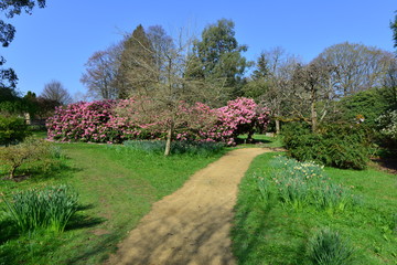 The gardens of an English country estate in Springtime.
