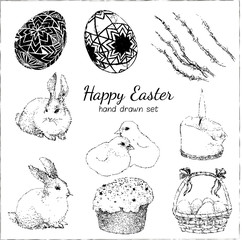 Happy Easter set with egg, flower, rabbit, candle, bunny, chicken. Vector illustration