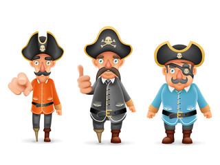 Captain Pirate Funny Pointing Thumbs Up 3d Realistic Cartoon Characters Set Design Isolated Vector Illustration