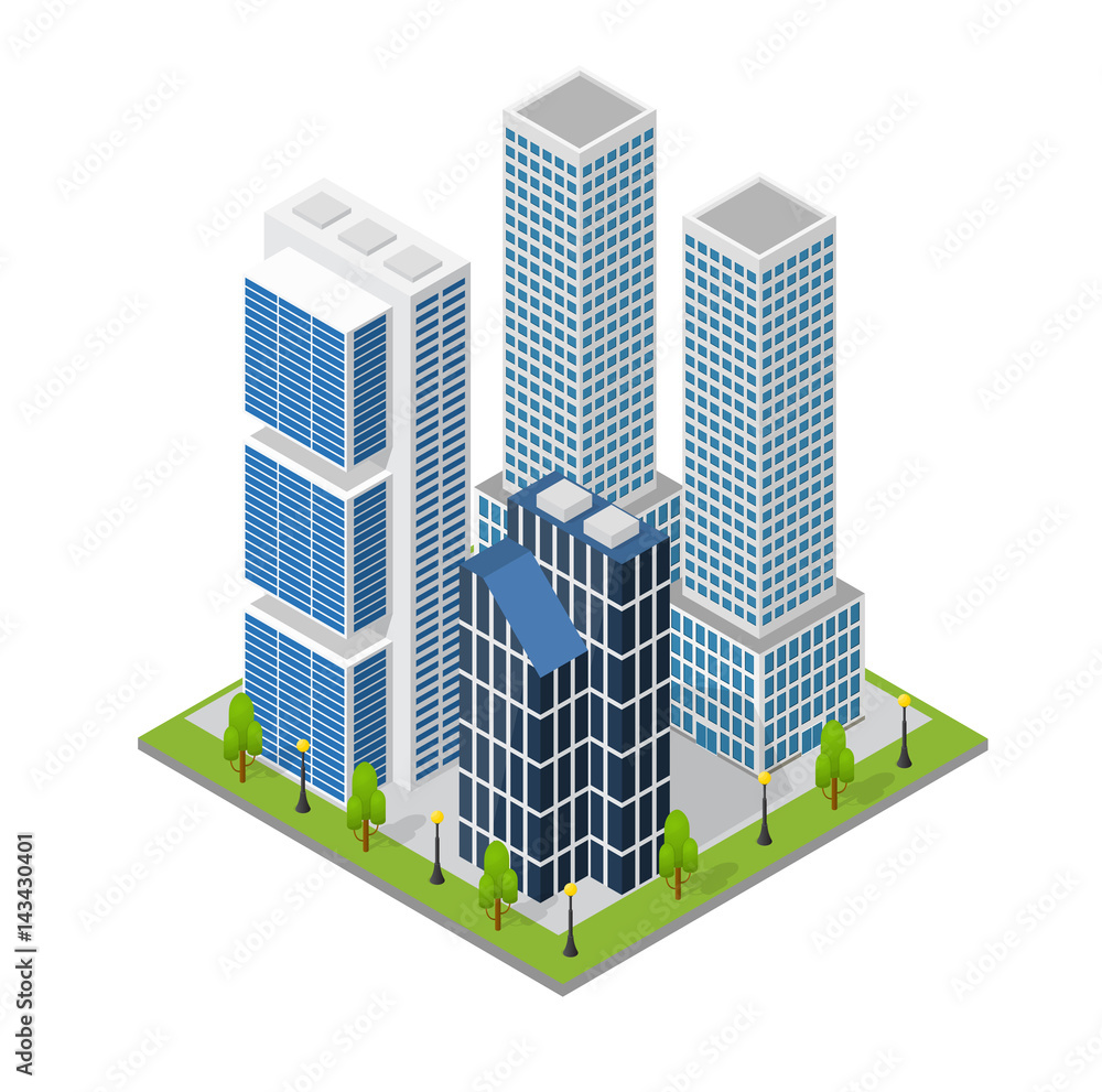 Canvas Prints City Landscape Quarter and Skyscraper Building Isometric View. Vector