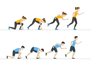 Fototapeta na wymiar Running Woman and Man Step Positions Set. Vector