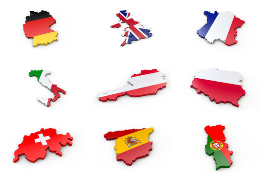 3D L&auml;nder in Europa - Konturen, Umriss, Grenzen