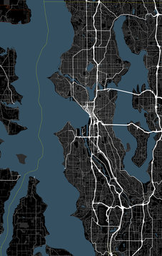 Black and white map of Seattle city. Washington Roads