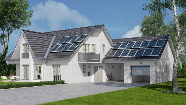 Solaranlage auf Haus mit Solarzellen auf Dach