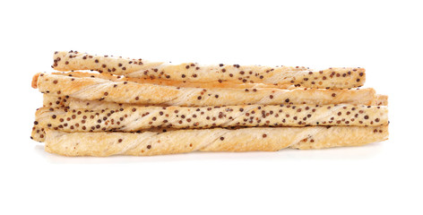 pile of delicious pretzel sticks isolated on white background