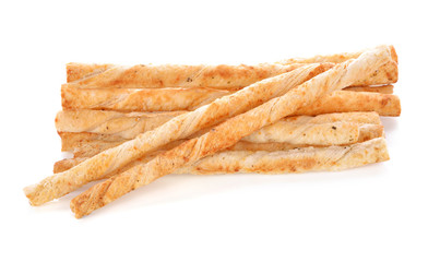 bread sticks with cheese on white background