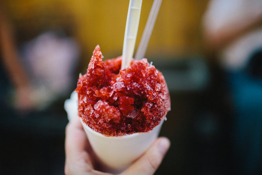 Close up of cherry snowball ice cream