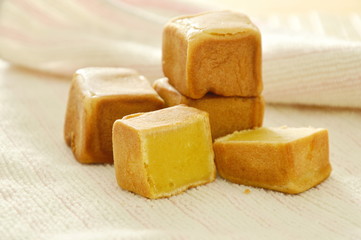 Chinese dice cake stuffed mush sweet bean on cloth