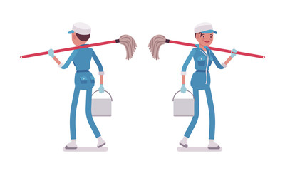 Female janitor walking, rear and front view
