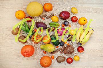 Exotic fruits with desert sign. Healthy eating dieting food background.