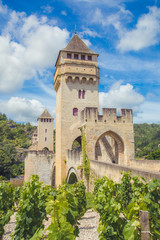 Fototapeta na wymiar Summer view of medieval stone Valentre Bridge with vineyard in Cahors, France