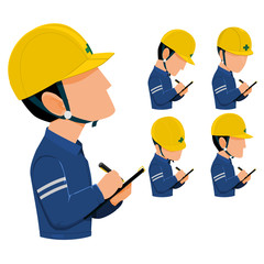 inspector are patrolling  construction site or factory. They are recording  something in their inspection sheet
