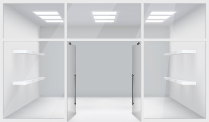 Front Store Shop 3d Realistic Space Open Doors Shelves Template Mockup Background Vector Illustration