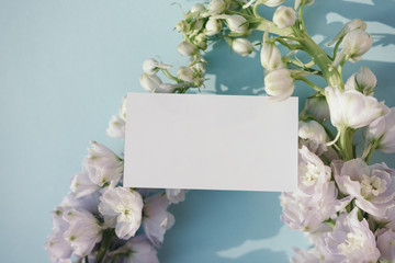 Blank business card mockup with  fresh delphinium flowers on pale blue background.