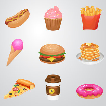 Fast food vector icons - hot dog, burger, french fries, ice cream, pancakes, donut, coffee, pizza, cupcake.