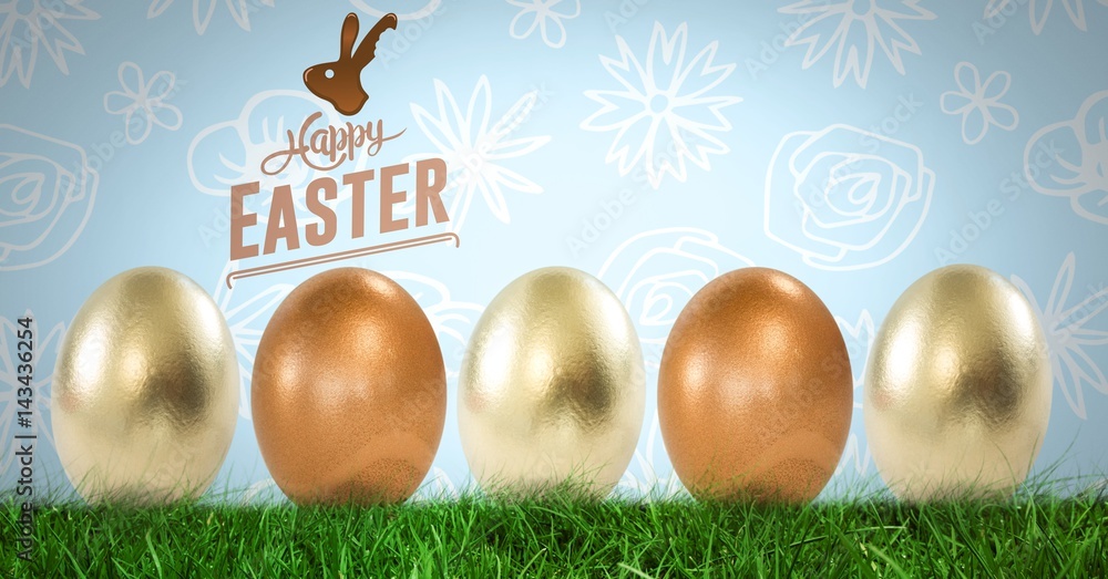 Poster happy easter text with easter eggs in front of pattern