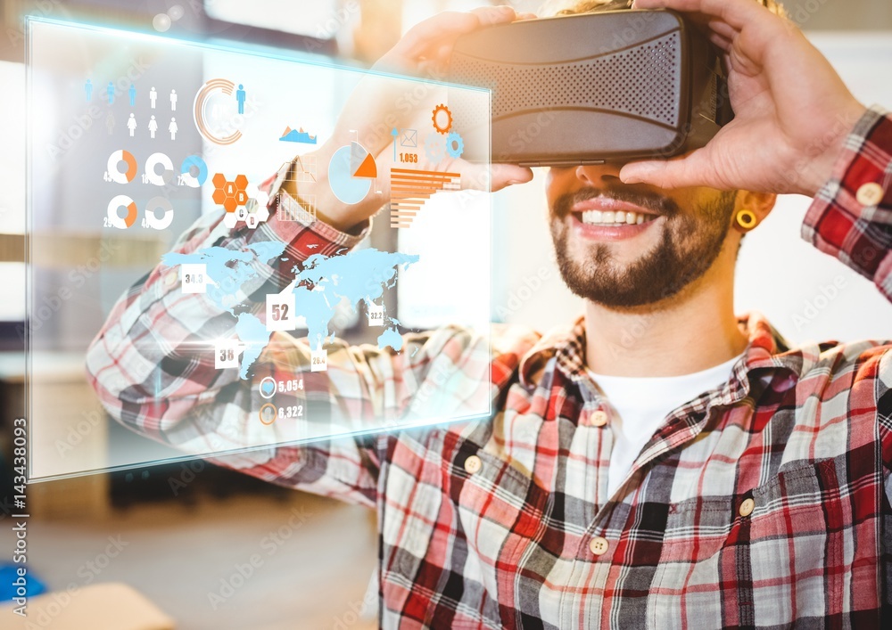 Poster man wearing vr virtual reality headset with interface