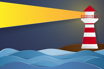 lighthouse at night , paper art style