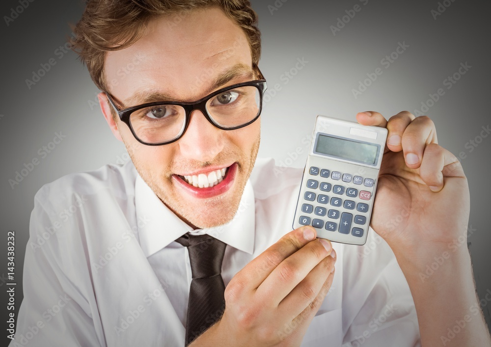 Poster nerd with calculator against grey background