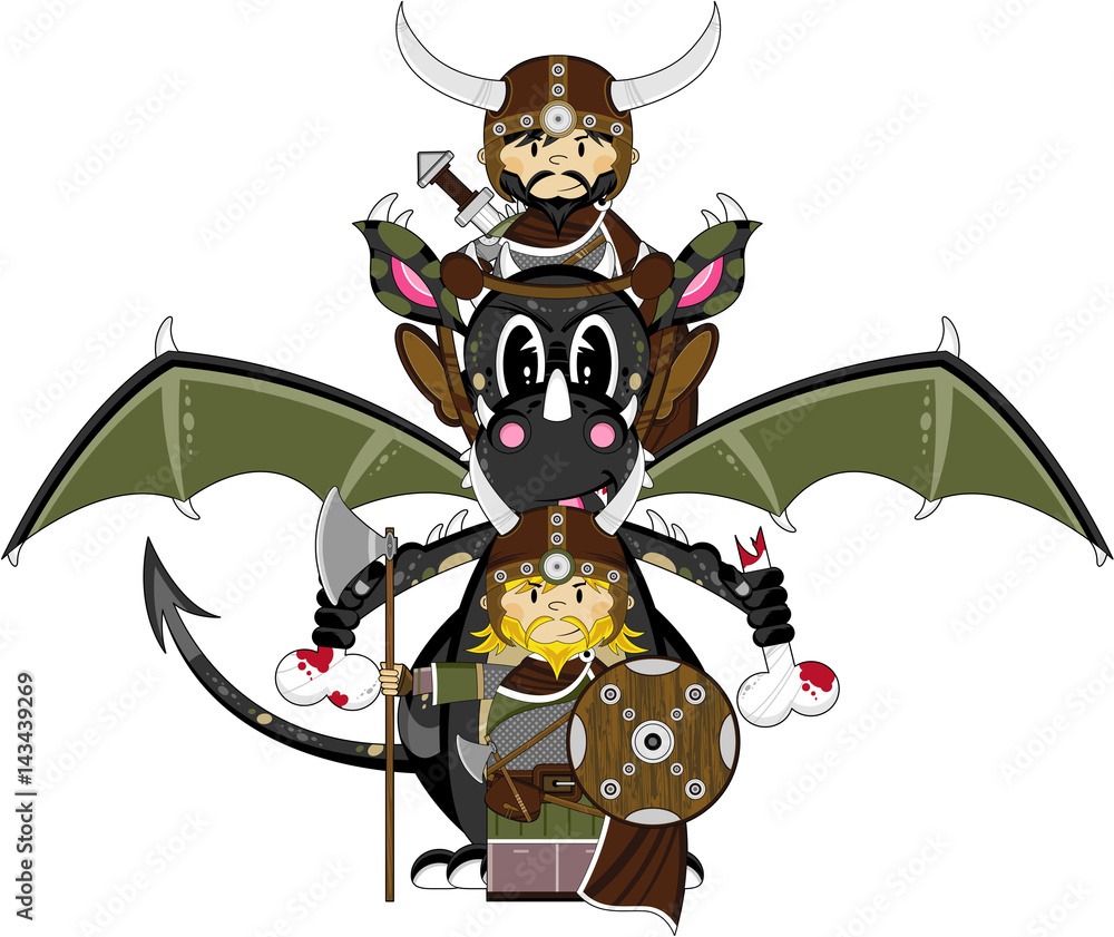 Sticker cartoon viking warrior and dragon