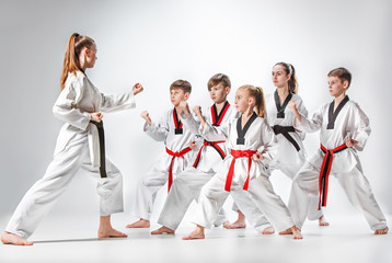 The studio shot of group of kids training karate martial arts