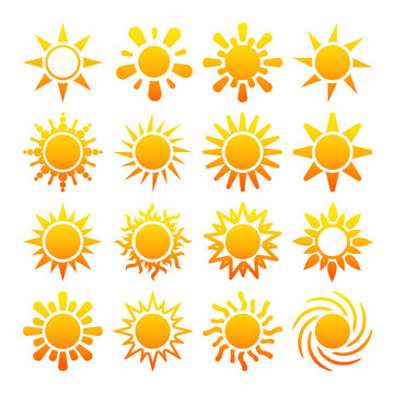 Yellow sun vector icons isolated on white background