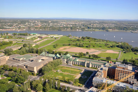 Aerial view of Parc des Champs-de-Bataille (Champs-de-Bataille National Battlefields Park) in Old Quebec City in summer, view from Observatoire de la Capitale, Quebec City, Quebec, Canada.