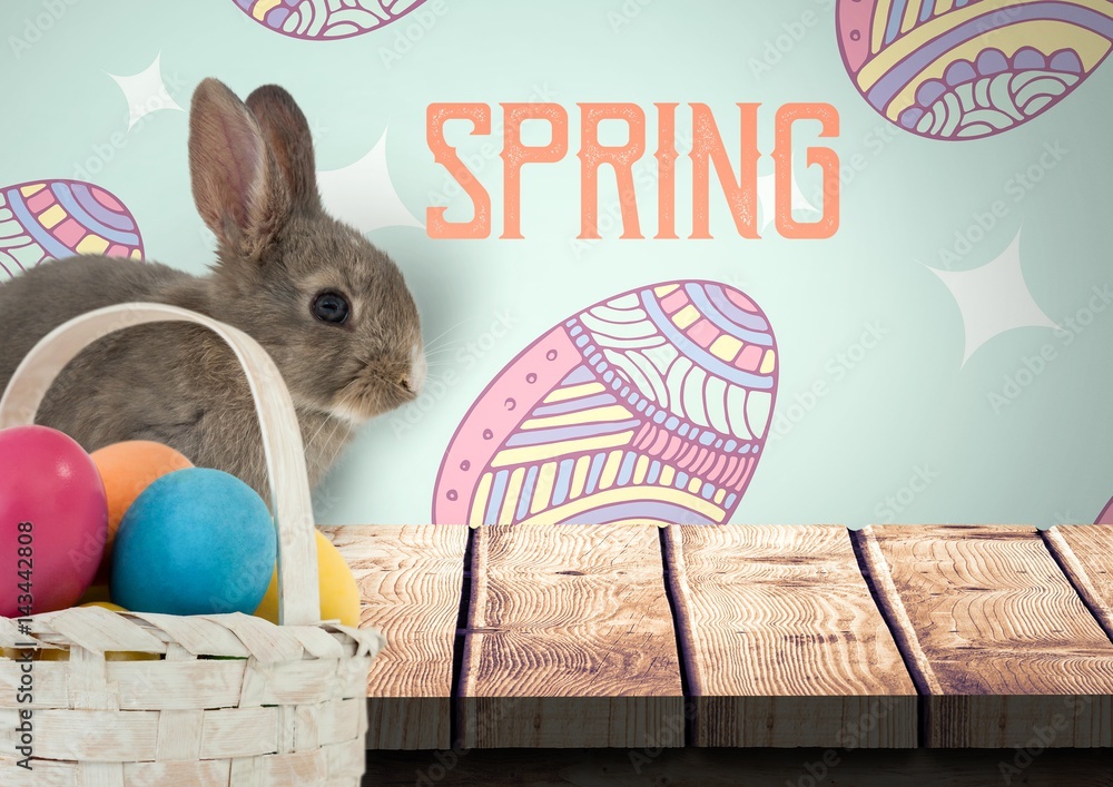 Poster spring text with rabbit with eggs basket in front of pattern